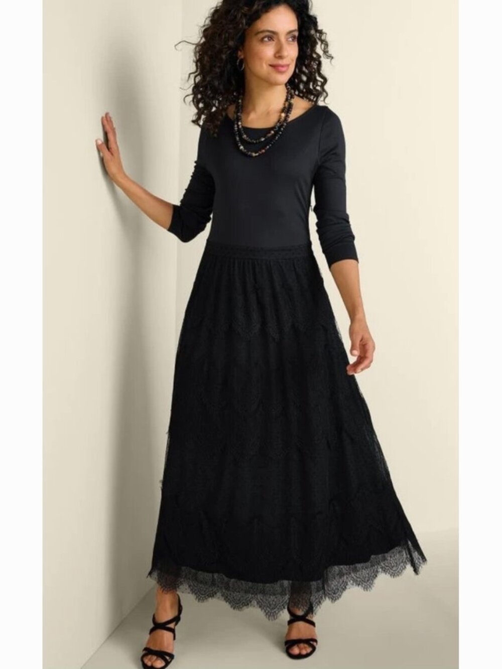 Soft Surroundings NWOT Frederica Dress L/S knit bodice & Lace Maxi Skirt small